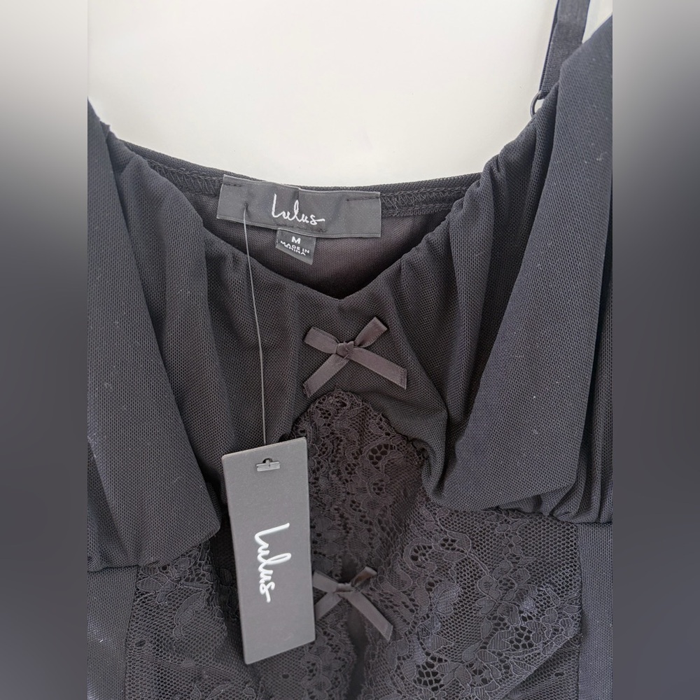 Lulus Sultry Pick Mesh Sheer Lace Bow Cami Top - Picture 7 of 9